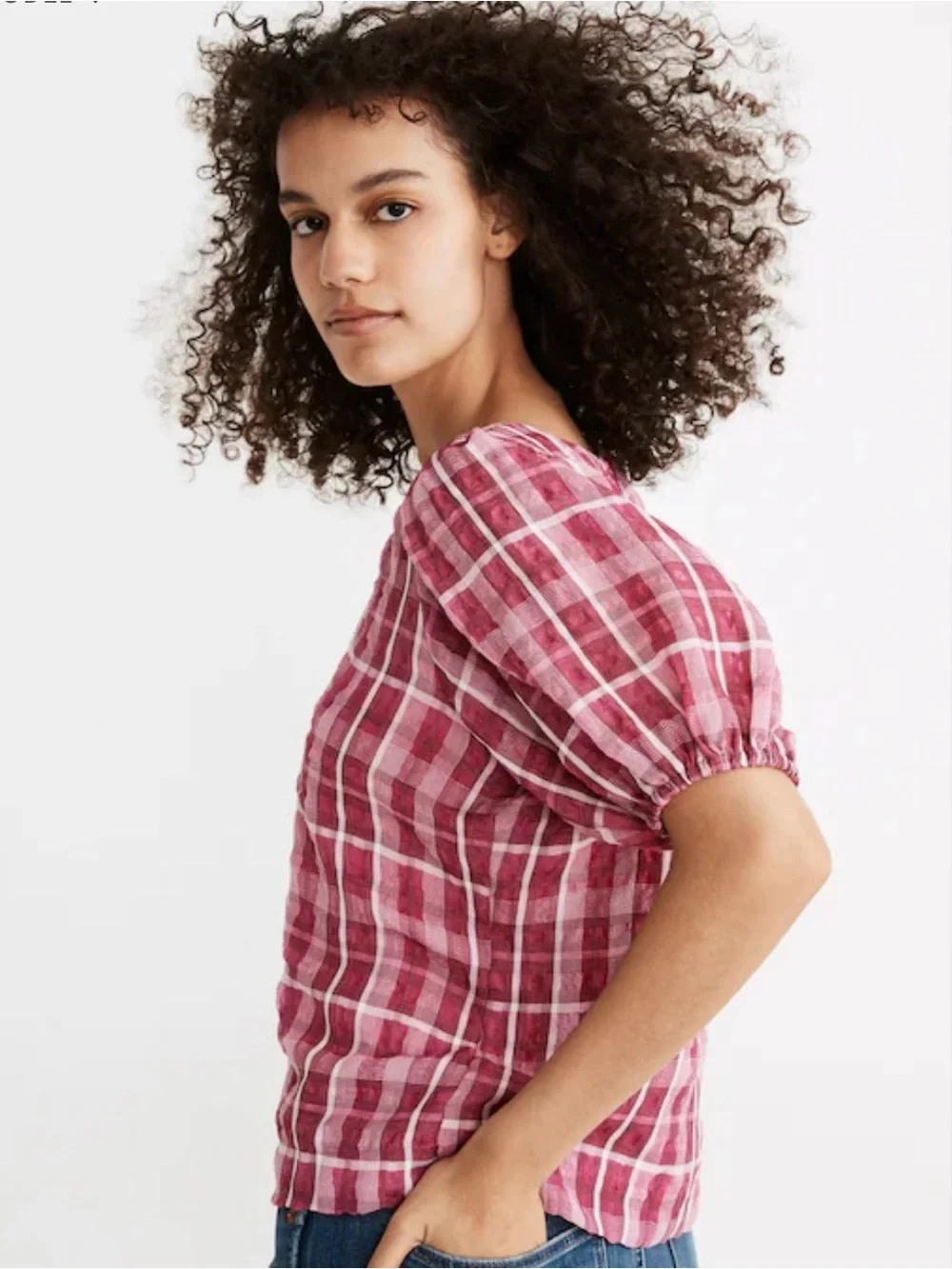 Madewell Pink Plaid Puff-Sleeve Blouse